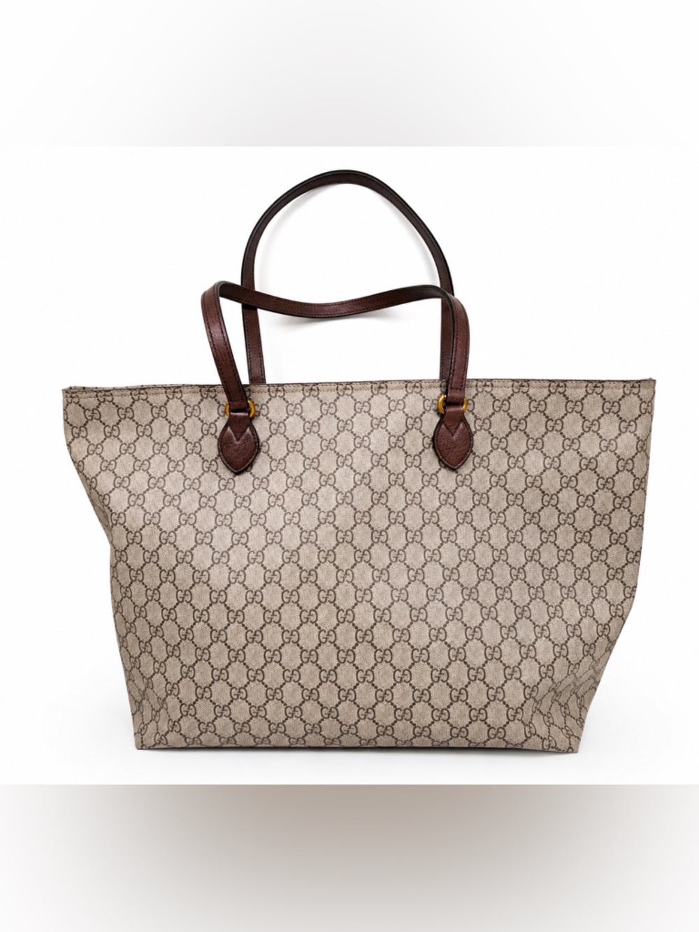 Gucci GG Supreme Monogram Large Tote Bag Beige Ebony Brown Leather Italy